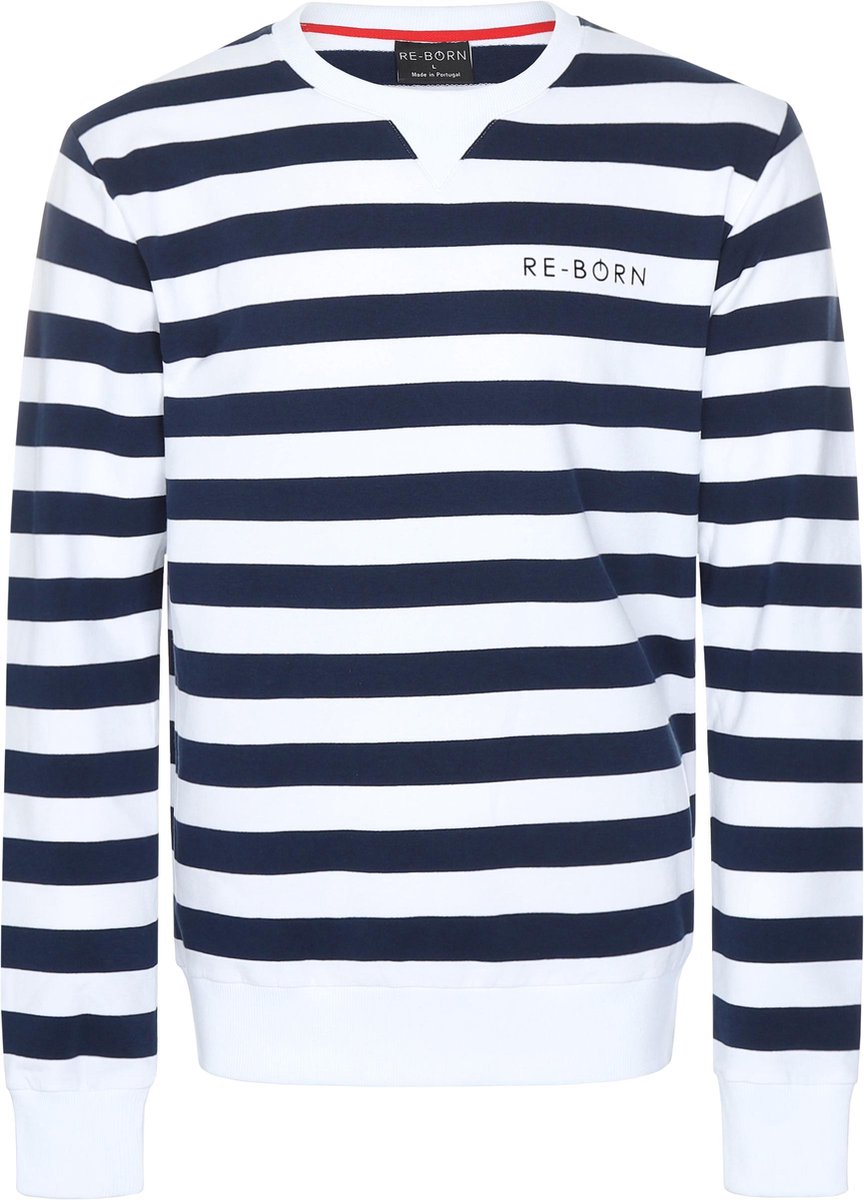 Re-Born Streep Ronde Hals Trui Lange Mouw Heren - Navy/Wit - Maat S