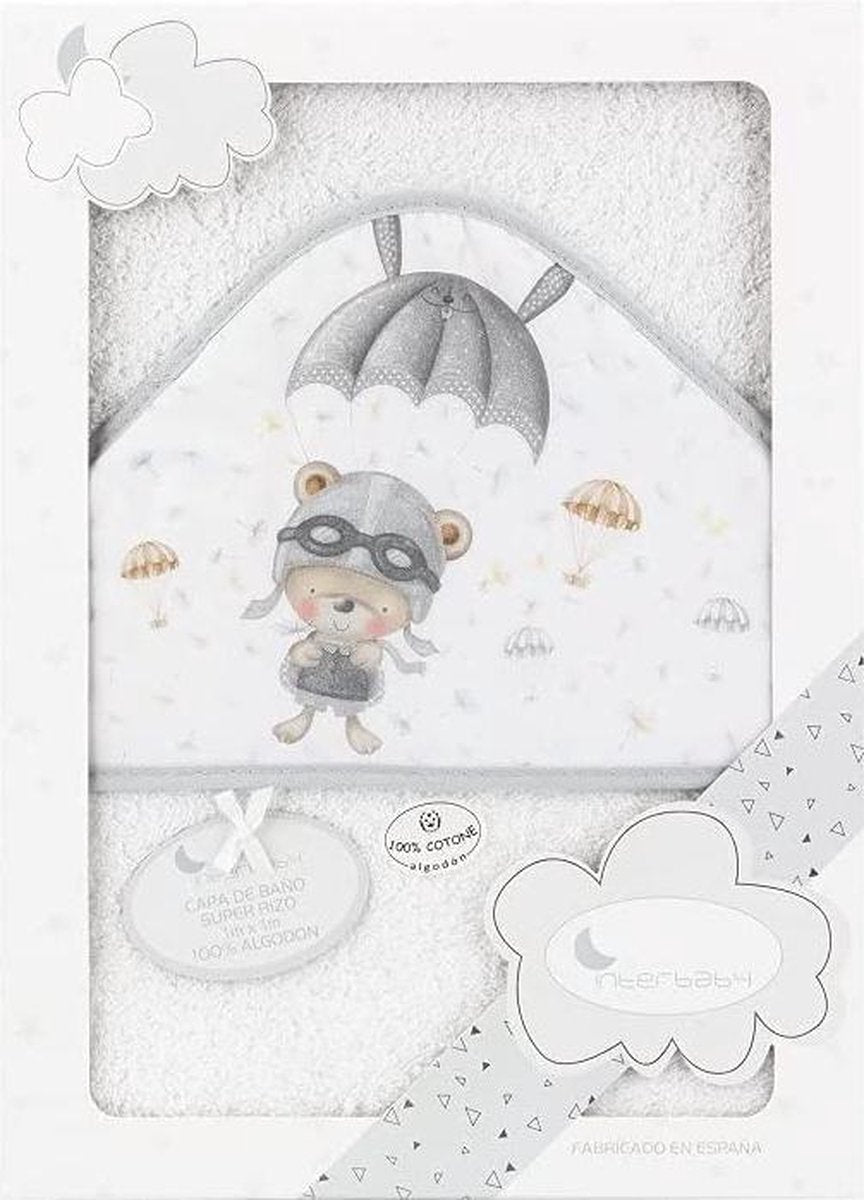 Interbaby Badcape Beertje 100 X 100 Cm Katoen Wit/grijs