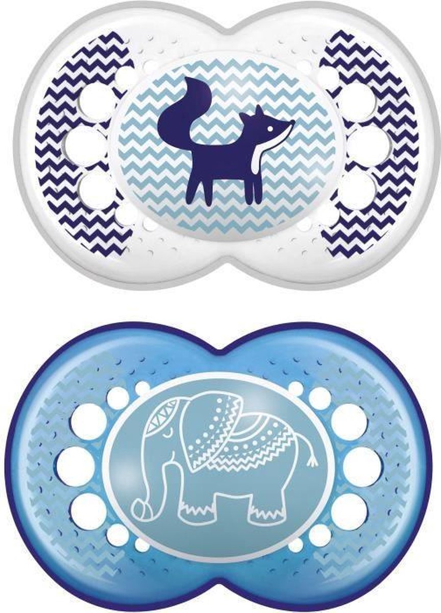 MAM Animal Decor Fopspeen - vanaf 18 maanden - Siliconen - Set van 2 fopspenen in sterilisatiedoos - Olifant / Vos