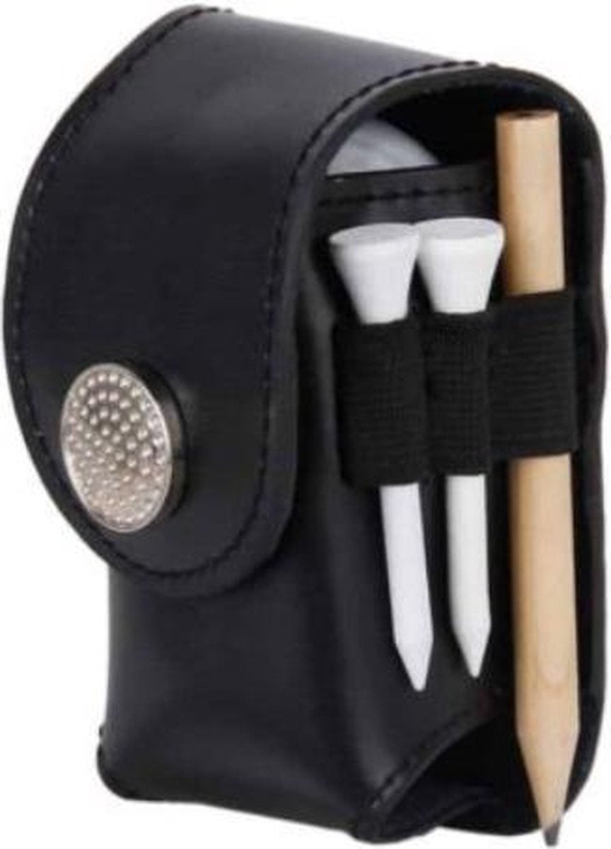 Firsttee Golfballenhouder - LUXE LEDEREN balhouder zwart - Handig in gebruik - Trolley - Golfballen - Tees - Golf accessoires - Golftrainingsmateriaal - Sport - Golfset - Training - Cadeau - Trainingsmaterialen - Bal - Golfbal net - Mat - Tee Houder