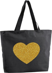 Gouden hart glitter shopper tas - zwart - 47 x 34 x 12