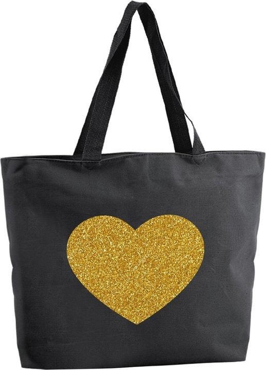 Gouden hart glitter shopper tas - zwart - 47 x 34 x 12