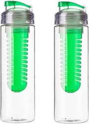2x Drinkflessen/waterflessen met fruitfilter groen 650 ml - Fruit infuser - Fruitwater flessen transparant/groen