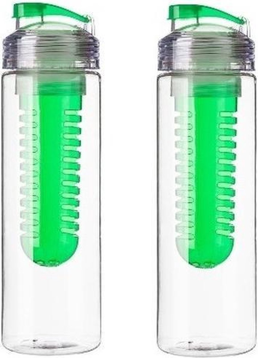 2x Drinkflessen/waterflessen met fruitfilter groen 650 ml - Fruit infuser - Fruitwater flessen transparant/groen