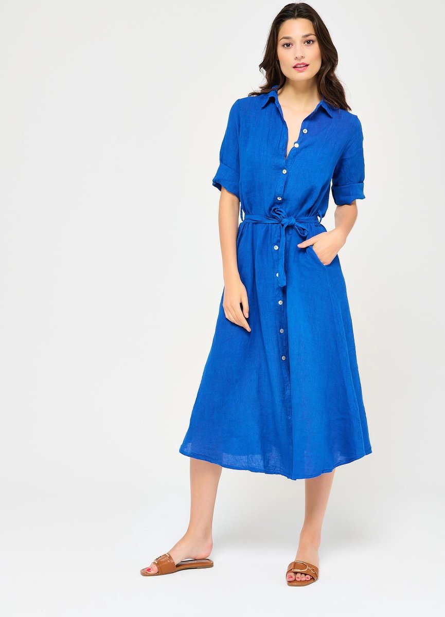 Maxi overhemd jurk met ceintuur - Blauw
