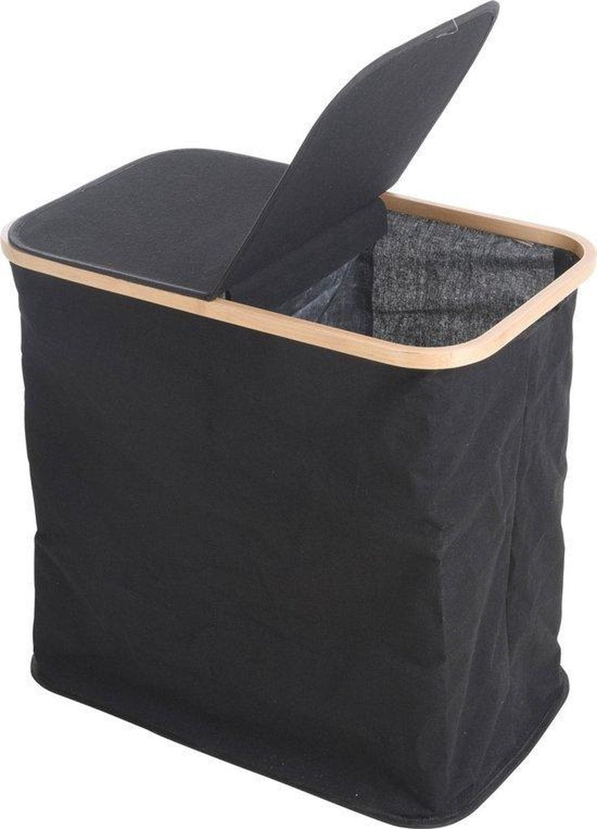 Relaxwonen - Wasmand - Bamboe Rand - Zwart - Mand - Opvouwbaar - Afsluitbare klep