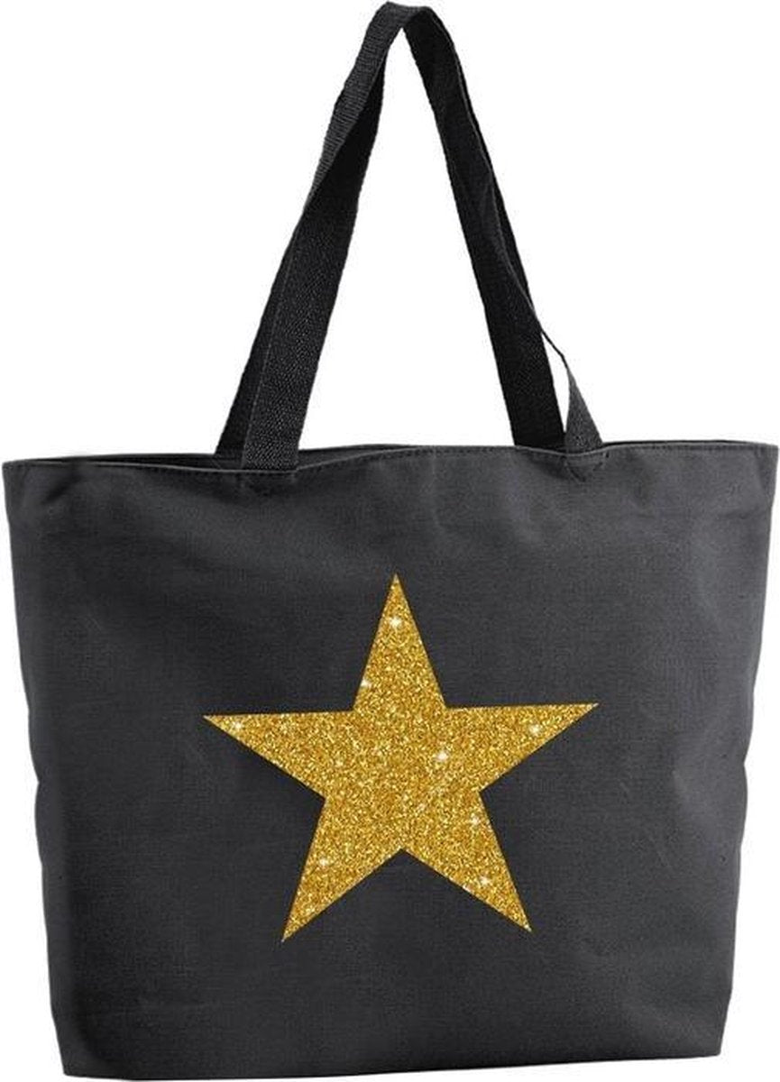 Gouden ster glitter shopper tas - zwart - 47 x 34 x 12