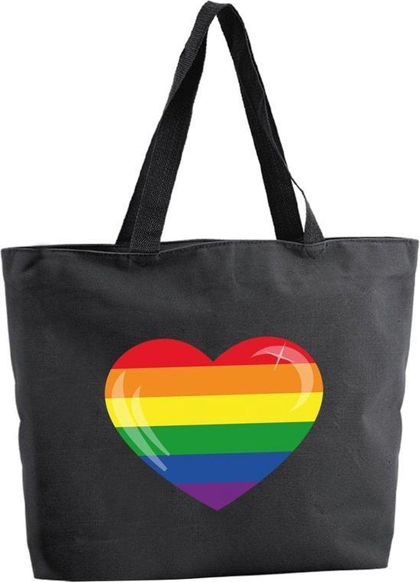 Regenboog hart shopper tas - zwart - 47 x 34 x 12
