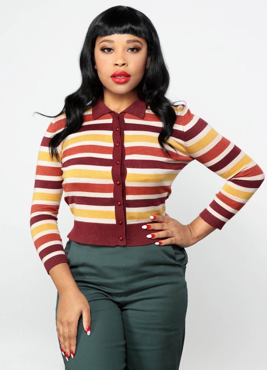 Collectif Enza Retro Striped 60's Cardigan Bruin