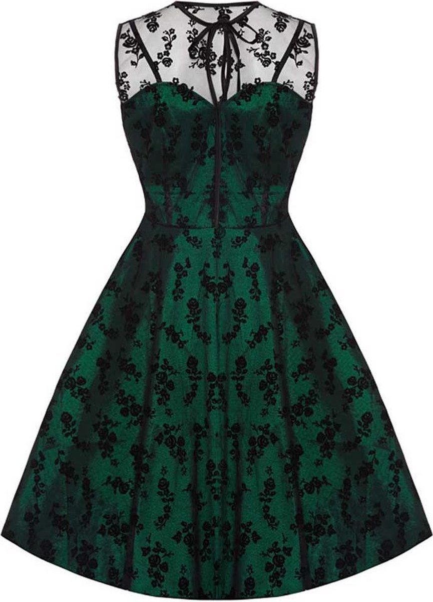Jawbreaker Flare jurk -M- taffeta jurk Kante bloemen Groen/Zwart