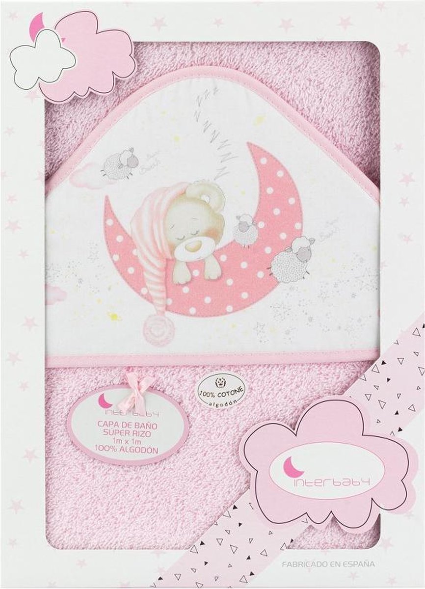 Interbaby Badcape Slapende Beer 100 X 100 Cm Katoen Roze
