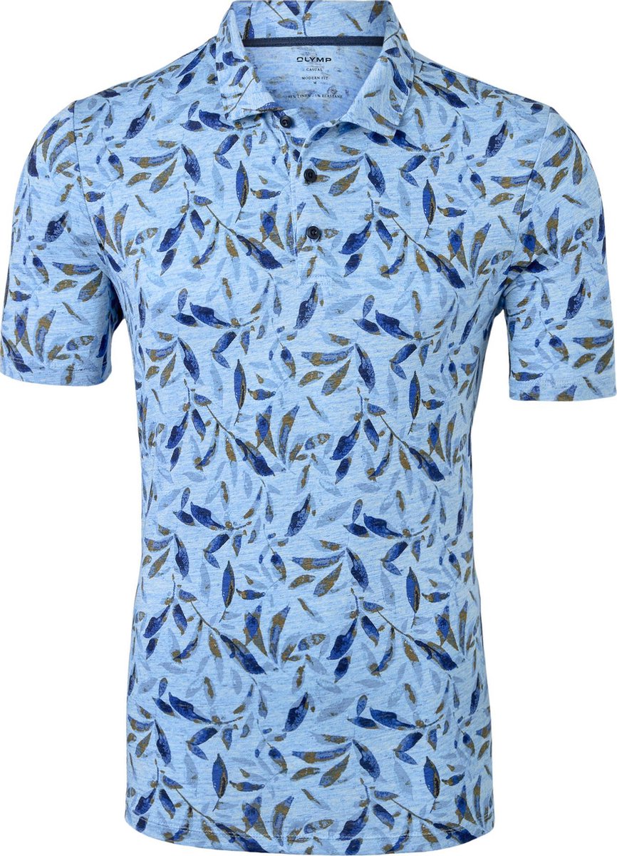 OLYMP modern fit poloshirt - linnen stretch - blauw met beige dessin -  Maat: 3XL