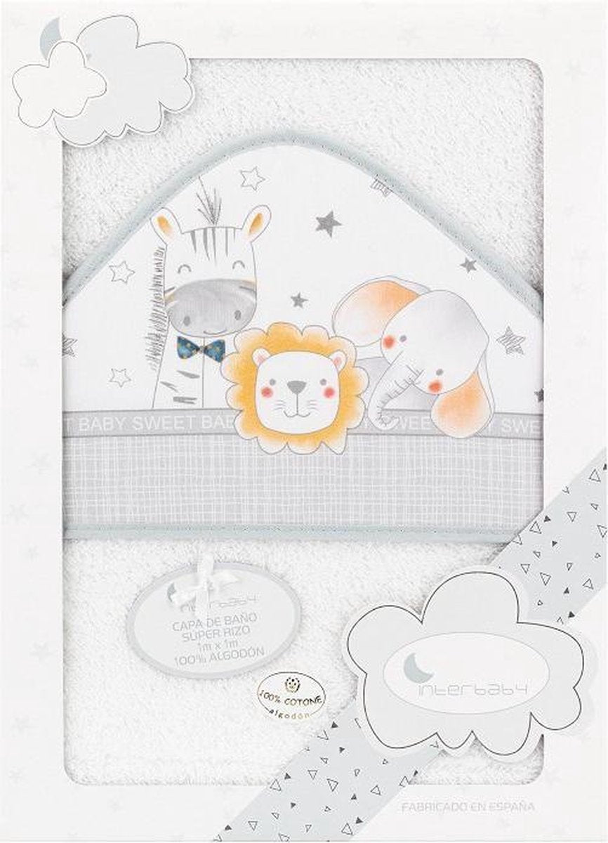 Interbaby Badcape Diertjes 100 X 100 Cm Katoen Wit/grijs