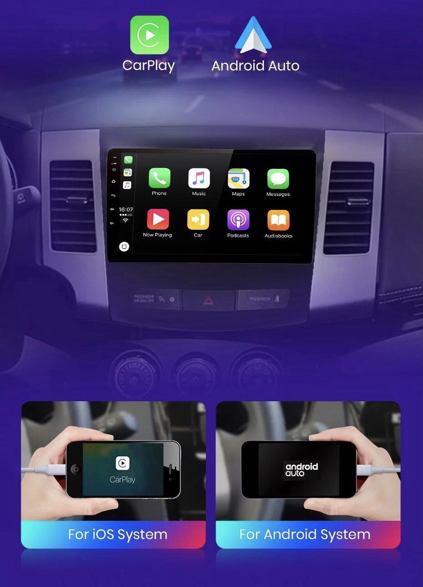 Carplay  Mitsubishi Outlander 2005-2011 (zonder originele Rockford Systeem) Android 10 navigatie en multimediasysteem Bluetooth USB WiFi 2+32GB