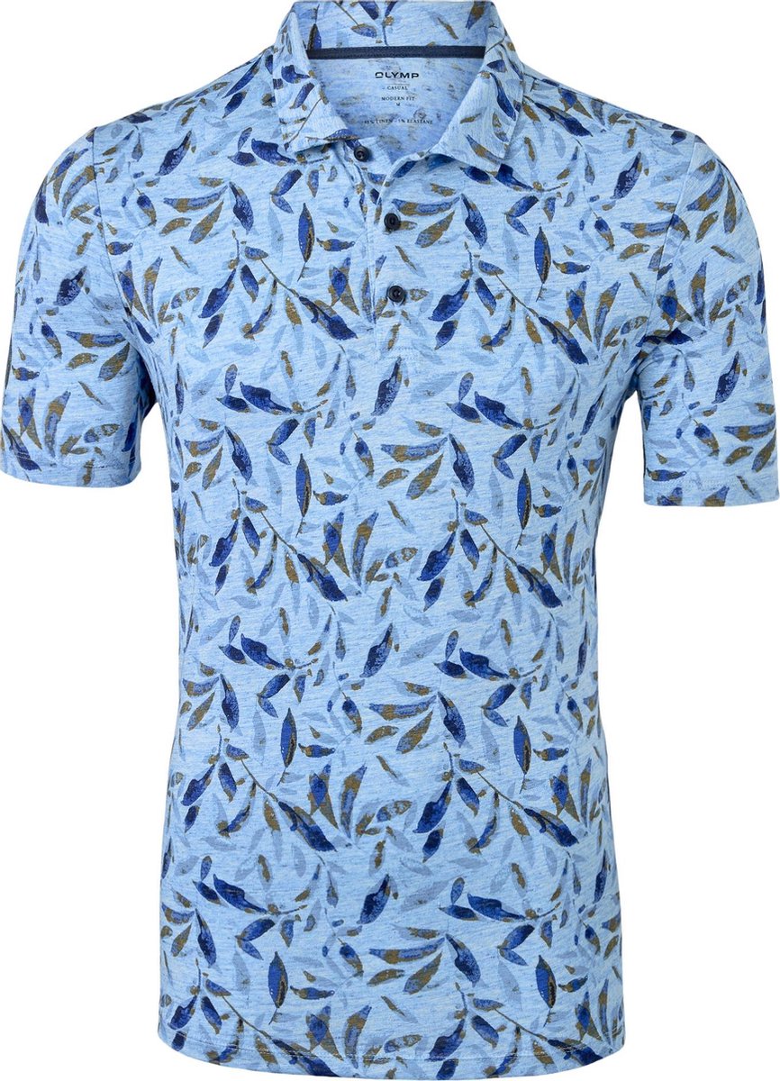 OLYMP modern fit poloshirt - linnen stretch - blauw met beige dessin -  Maat: 3XL