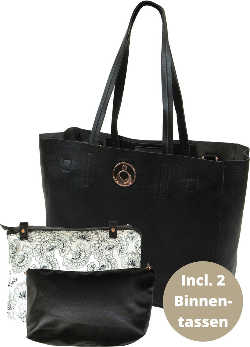 Isoki Grote Zwarte Luiertas Schoudertas Avoca Tote Coal - Uitneembare Binnentassen - Lederlook Zwart