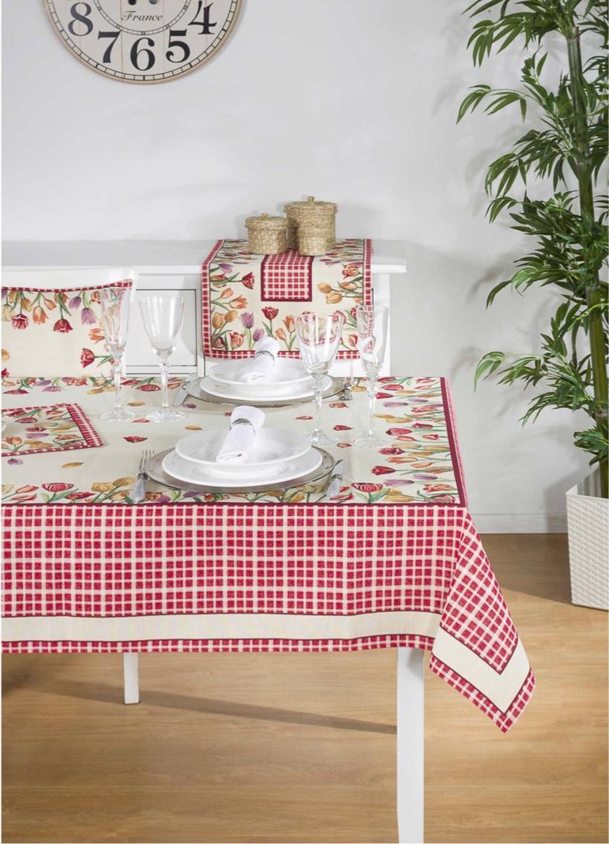 Tafelloper - luxe Gobelinstof - Tulpen met ruiten rand - Loper 100 x 40 cm