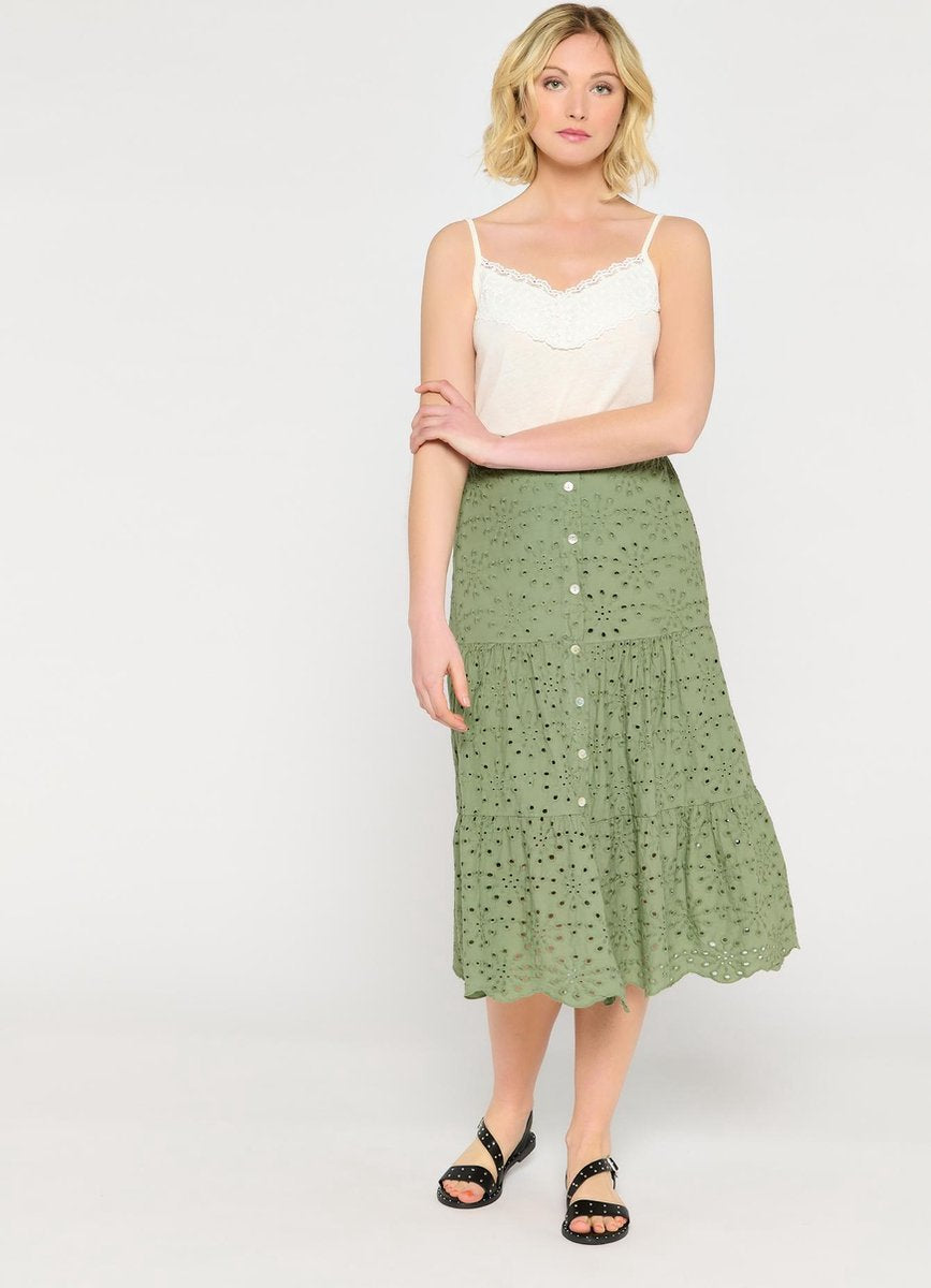 Midi rok met bloemen broderie - Khaki