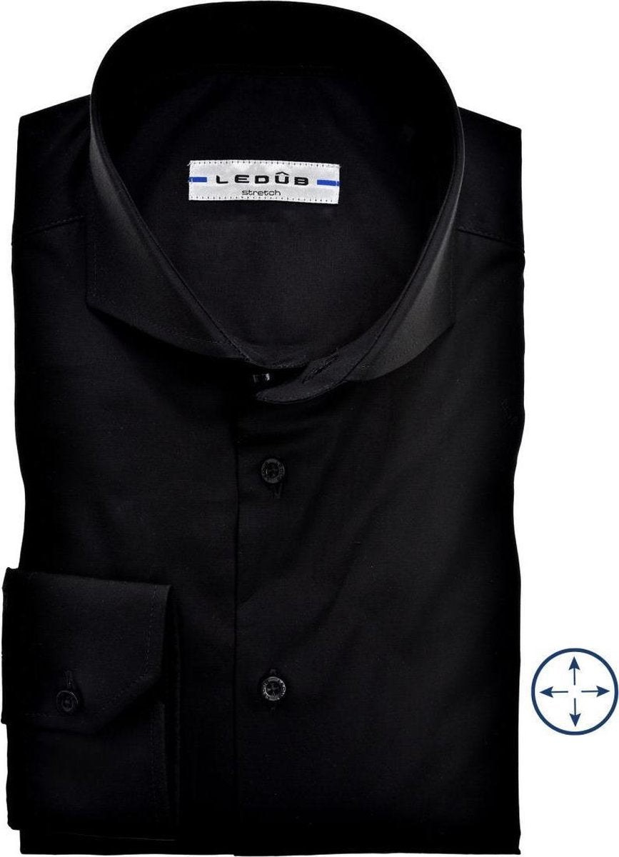 Ledub Modern Fit overhemd - zwart stretch - Strijkvriendelijk - Boordmaat: 47
