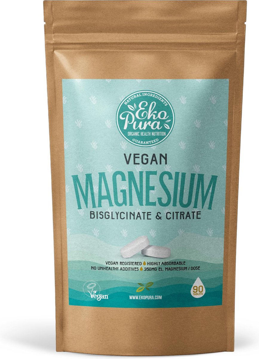 Magnesium Bisglycinaat & Citraat Vegan - 350mg Elementair Magnesium -  90 Tabletten