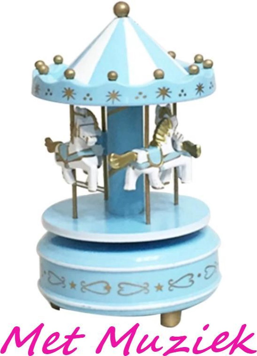 Speeldoosje CARROUSEL kleur BLAUW/GOUD/WIT | Mooie Muziekdoos met opwindmechanisme | Nostalgische Draaimolen Speeldoosje | Klassiek Carrousel (Hout) | Speeldoos kleuren Blauw/Goud/Wit