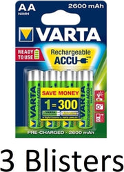 12 Stuks (3 Blisters a 4 st) Varta AA Oplaadbare Batterijen - 2600mAh