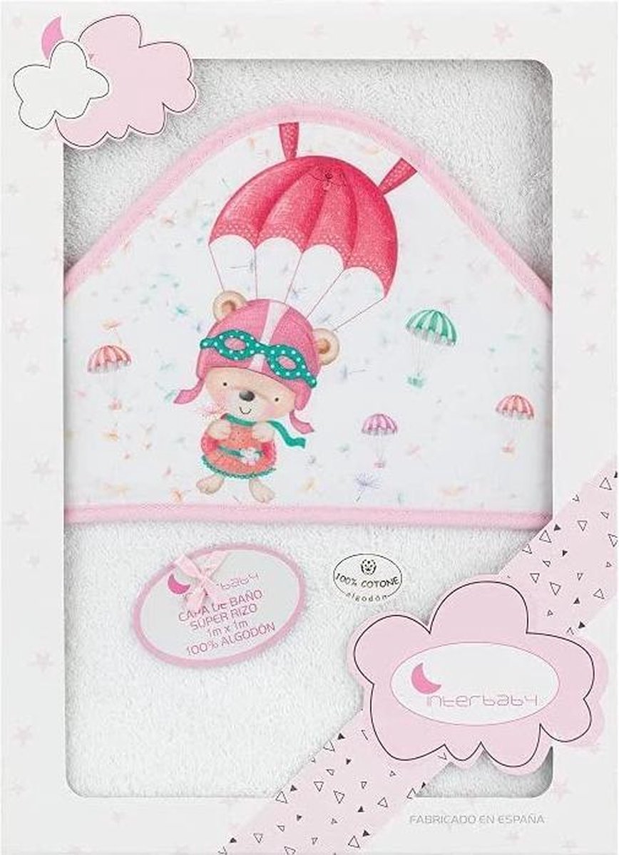 Interbaby Badcape Beertje 100 X 100 Cm Katoen Wit/roze