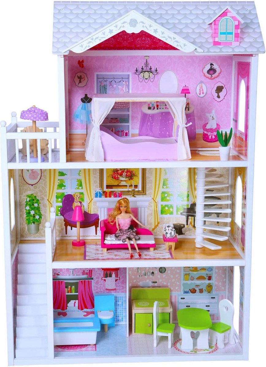 Poppenhuis met Meubeltjes - 14-delig - 86x38x12