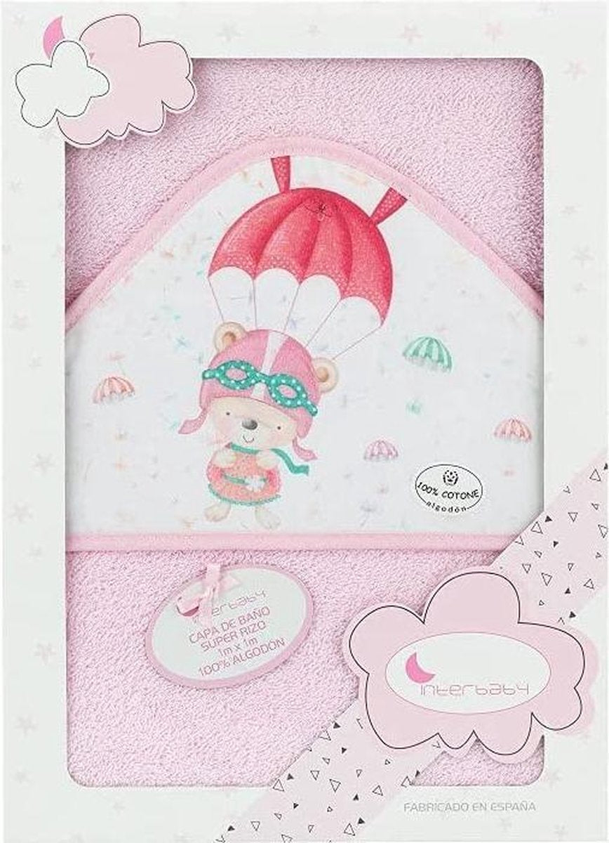 Interbaby Badcape Beertje 100 X 100 Cm Katoen Roze/wit