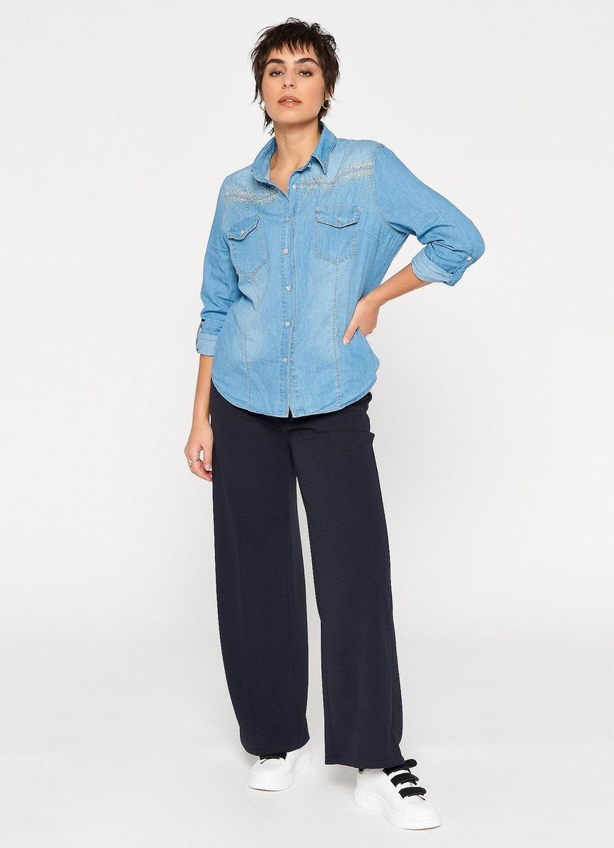 Denim overhemd met strass steentjes - Blauw