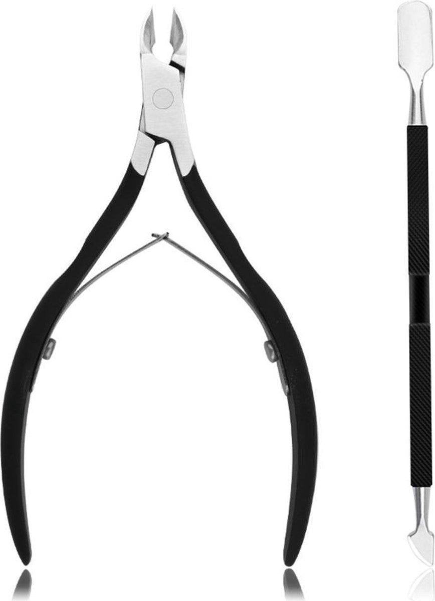 BOTC professionele nagelverzorging set - Met holster - 2 Pcs set - Nagelriem knipper + Nagelknipper teennagels- Nagelriem remover - nagelriemduwer - nagelriemverzorging - nagelriem verwijderaar - stainless steel - Zwart