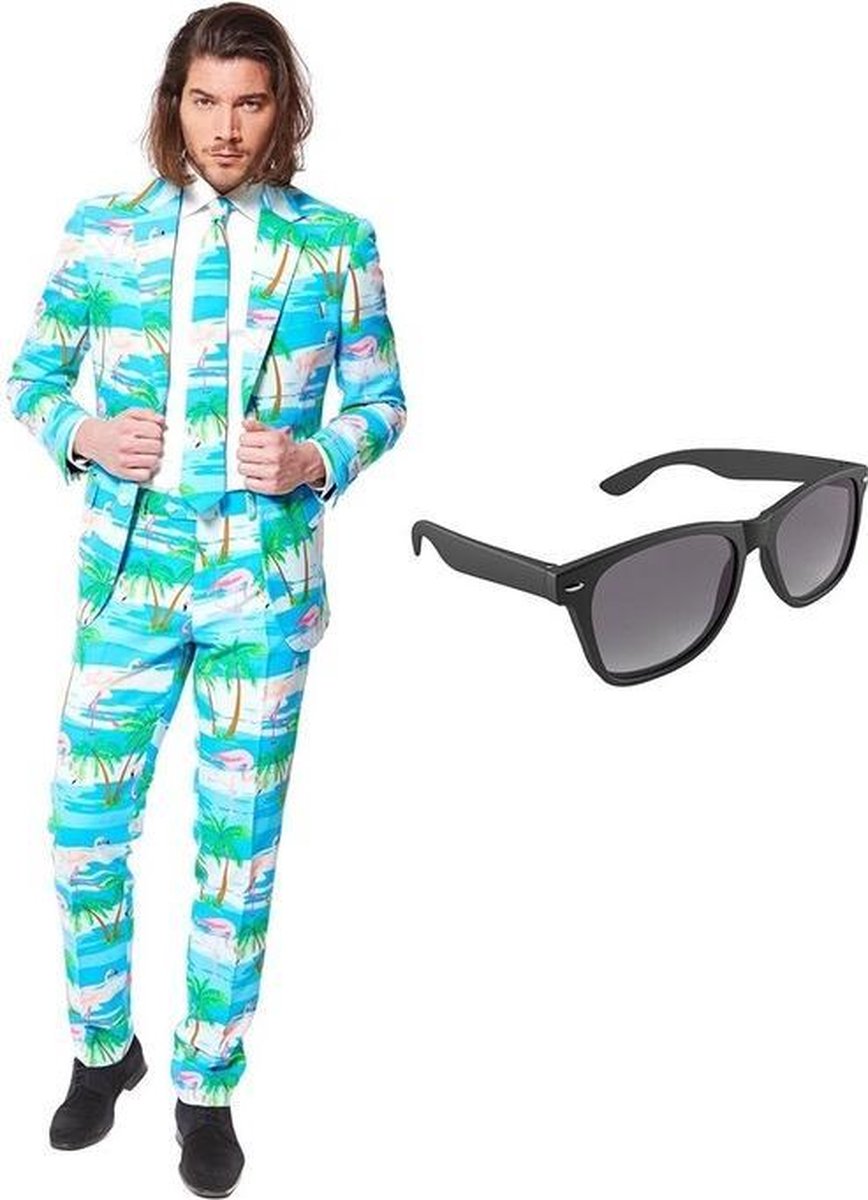 Flamingo print heren kostuum / pak - maat 46 (S) met gratis zonnebril