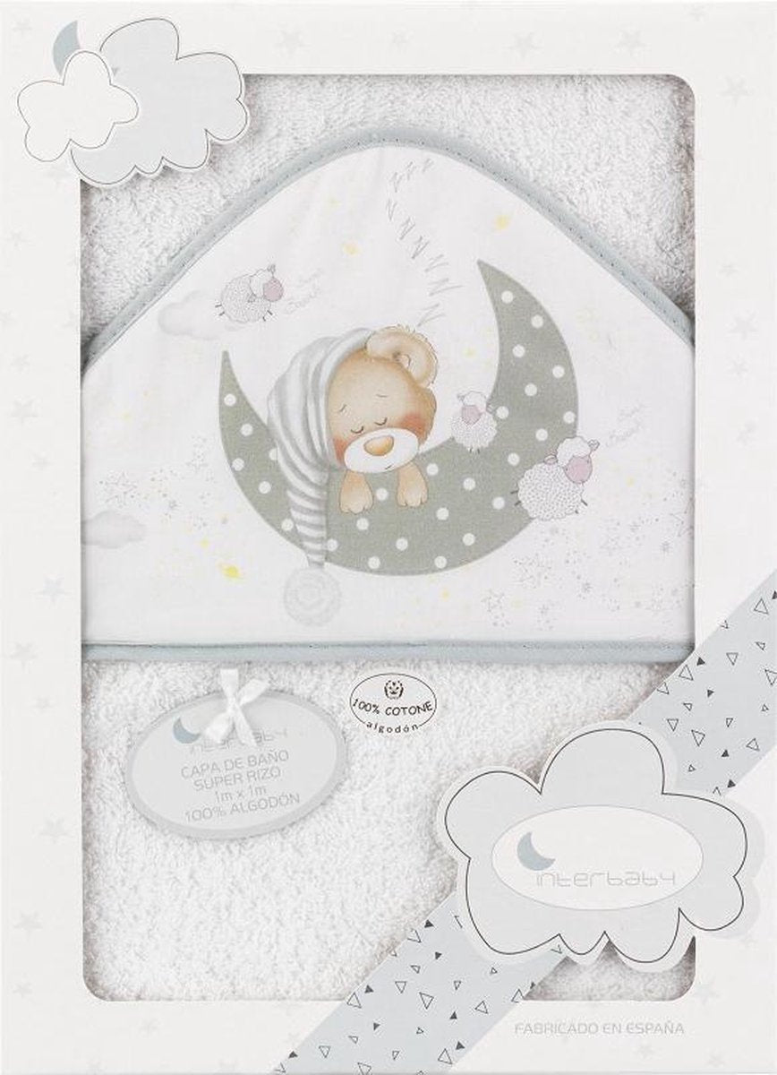 Interbaby Badcape Slapende Beer 100 X 100 Cm Katoen Wit/grijs