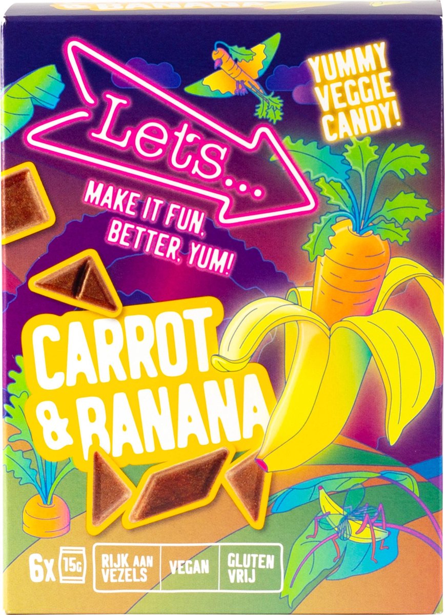 Let's - Wortel & Banaan smaak - Groente & Fruit Snoep - 90 gram / doosje - rijk aan vezels - vegan - glutenvrij