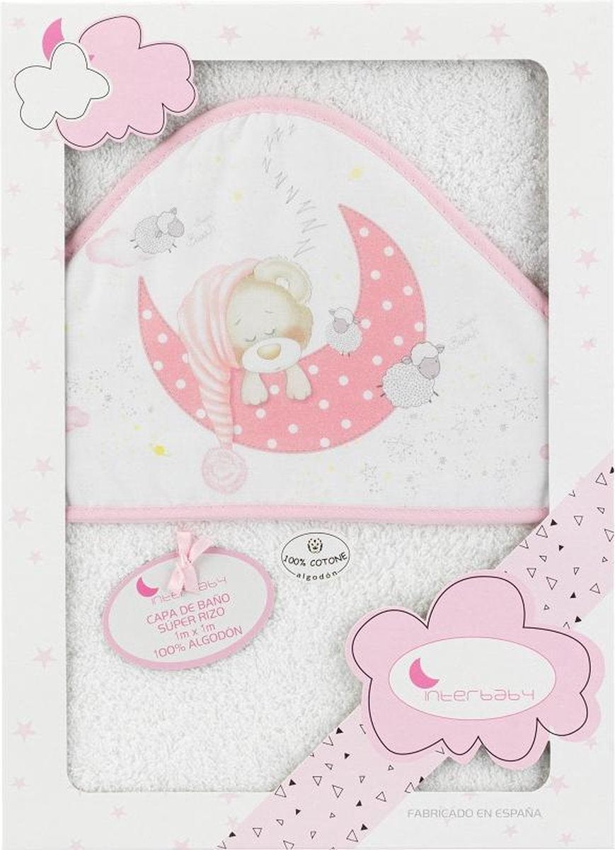 Interbaby Badcape Slapende Beer 100 X 100 Cm Katoen Wit/roze