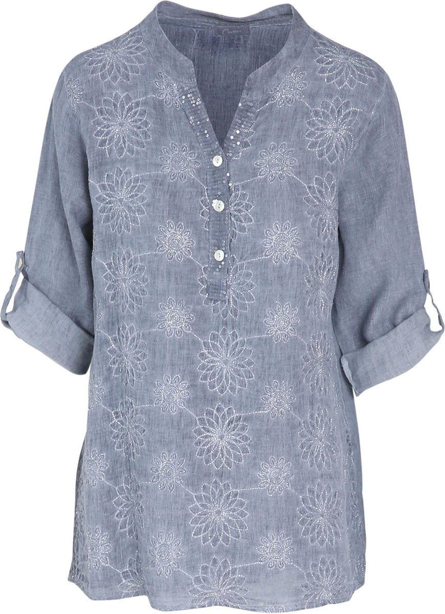 Cassis - Blouse in linnengaas met borduurwerk en lovertjes - Indigo