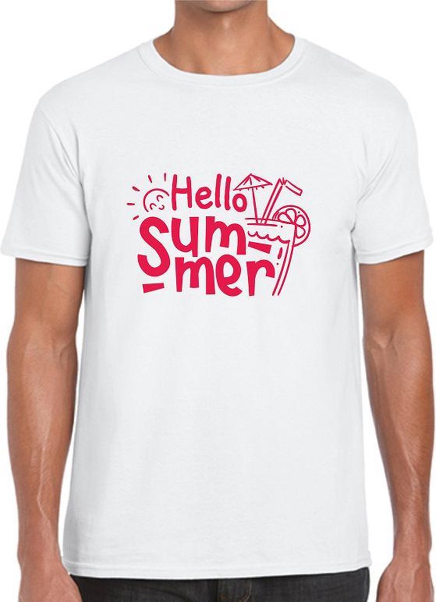HELLO SUMMER Heren t-shirt - Neon Tekst Rood - SMALL