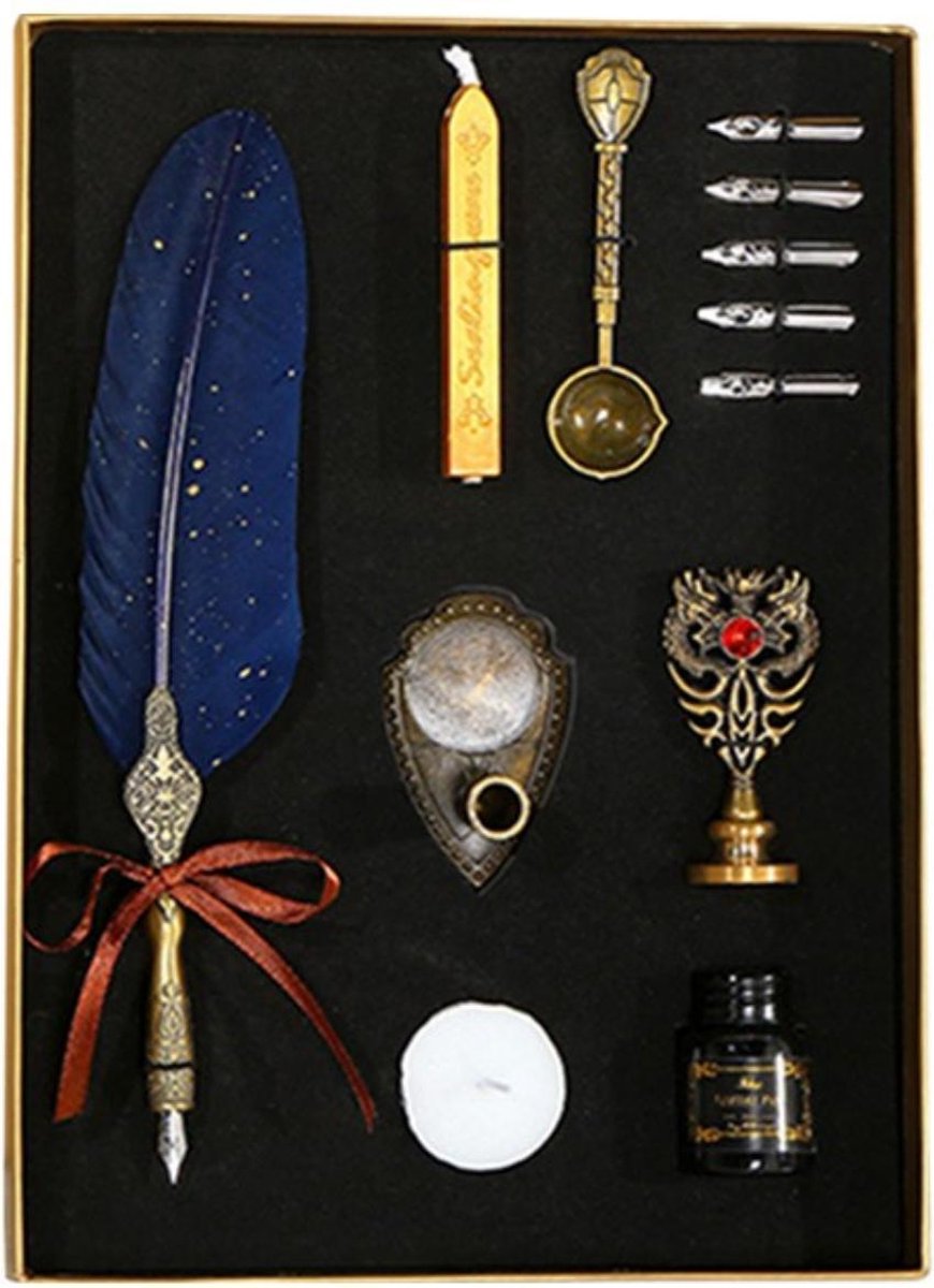 Schrijf veer kaligrafie set pen kaarten maken wax stempel - Luxe set inclusief wax stempel en inkt