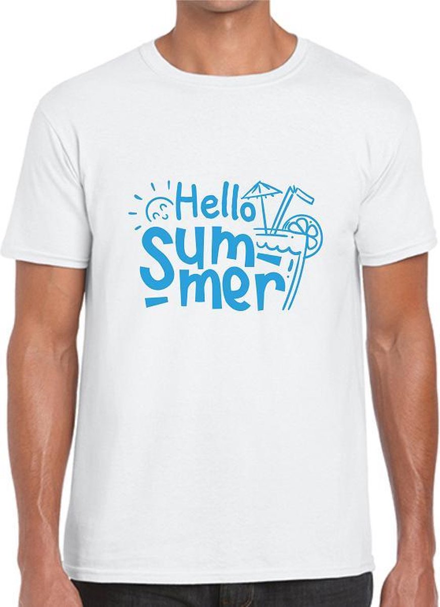 HELLO SUMMER Heren t-shirt - Neon Tekst Blauw - SMALL