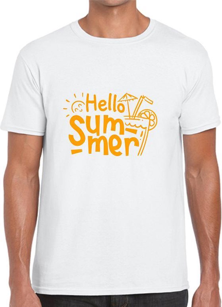 HELLO SUMMER Heren t-shirt - Neon Tekst Oranje - MEDIUM