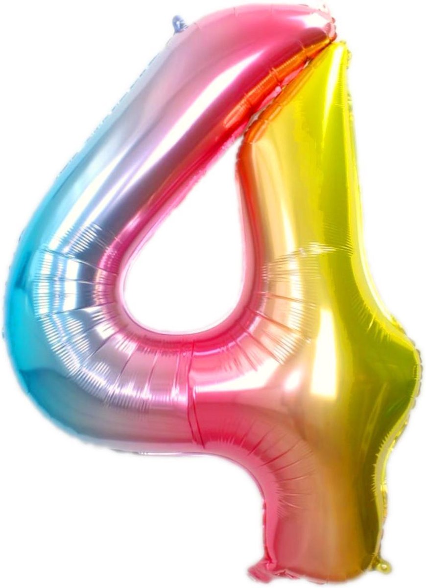 Folie Ballon Cijfer 4 Jaar Regenboog 86Cm Verjaardag Folieballon Met Rietje