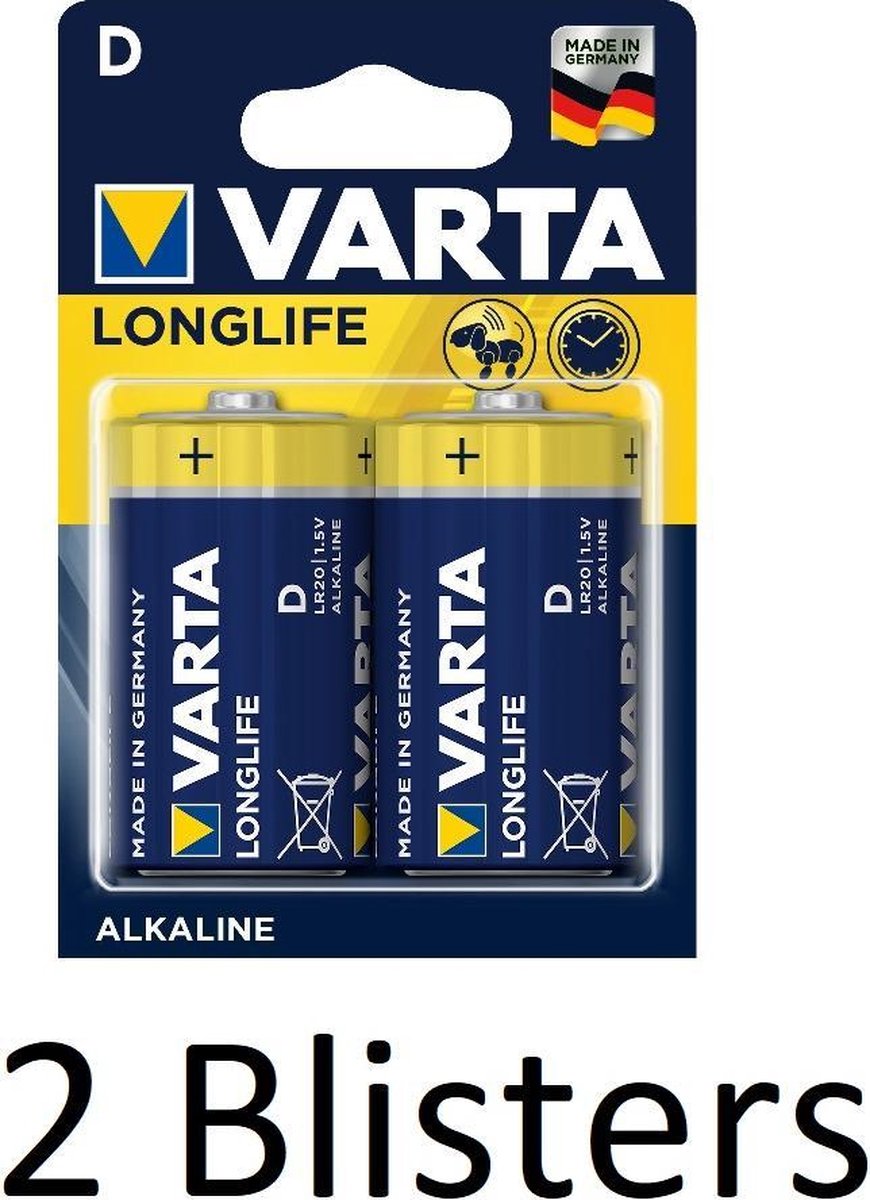 4 Stuks (2 Blisters a 2 st) Varta Longlife Alkaline D Batterijen