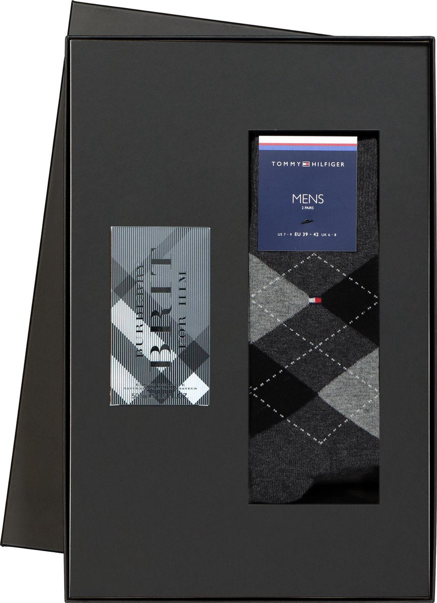 Heren cadeaubox: Burberry Brit parfum met geruite Tommy Hilfiger sokken -  Maat: 43-46