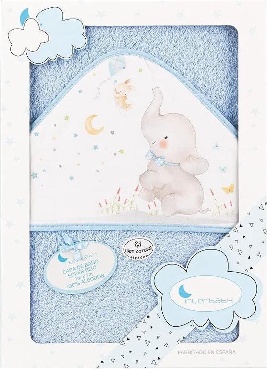 Interbaby Badcape Olifant 100 X 100 Cm Katoen Wit/blauw