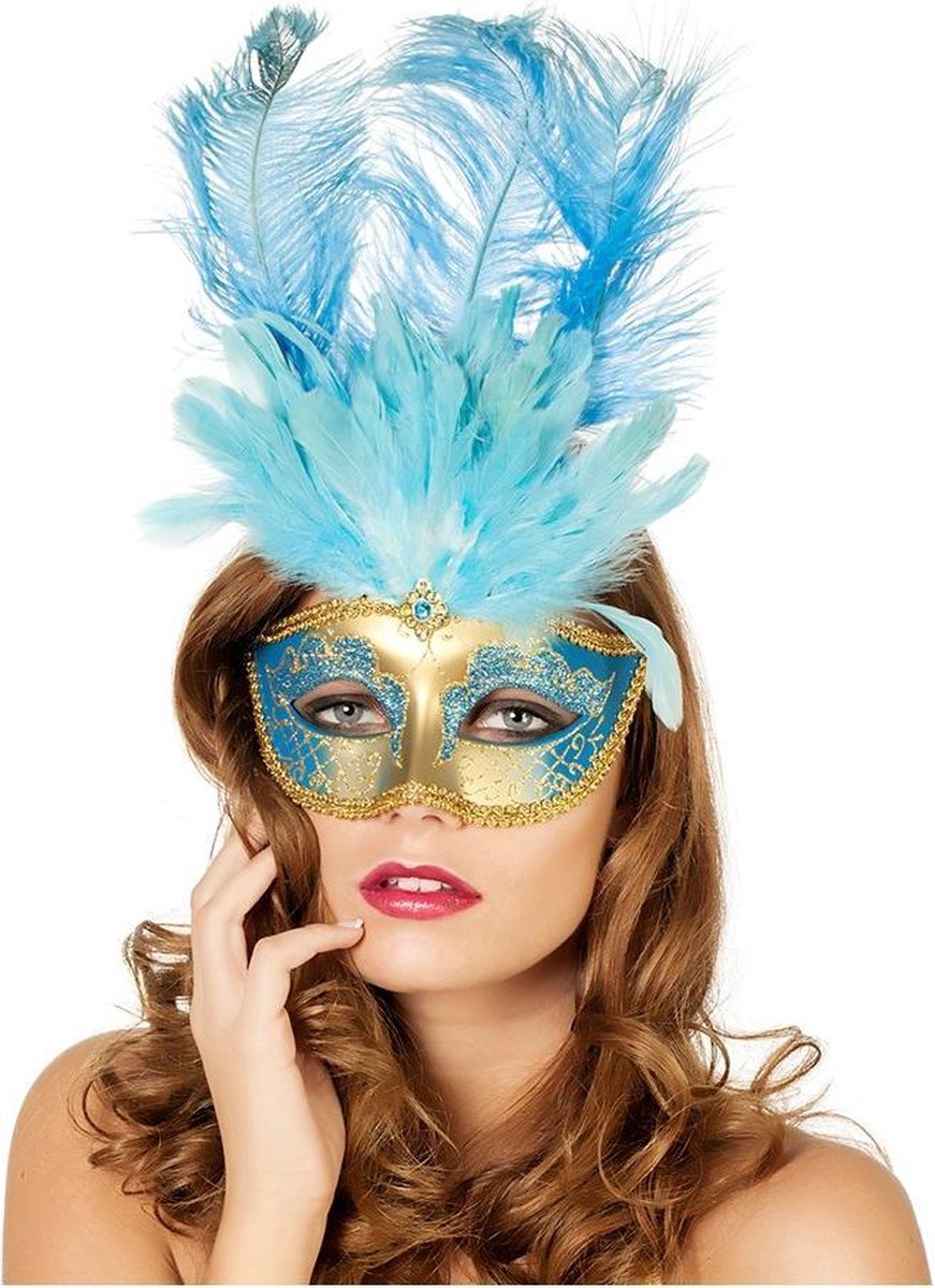 Venetiaans masker grote veer aqua