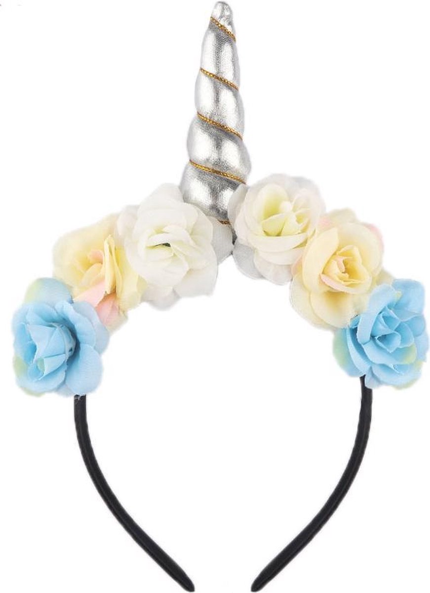 Bloemen eenhoorn haarband zilver unicorn diadeem - zilveren hoorn glitter - bloemetjes blauw geel wit festival