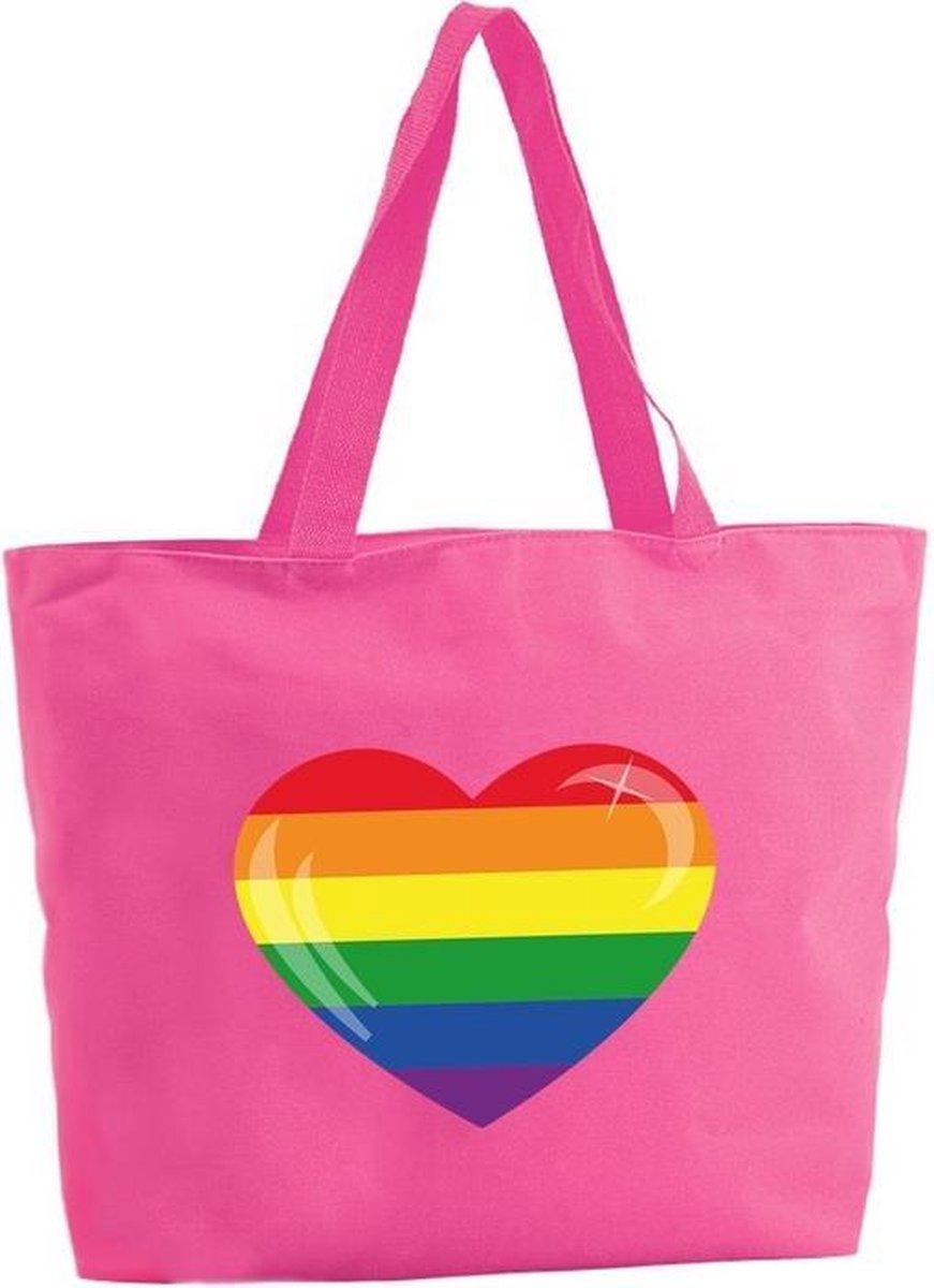 Regenboog hart shopper tas - fuchsia roze - 47 x 34 x 12