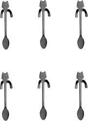 6 Theelepels Hangende Kat - Koffie & Thee - Katten Motief Lepel - Koffielepel - RVS – Zwart