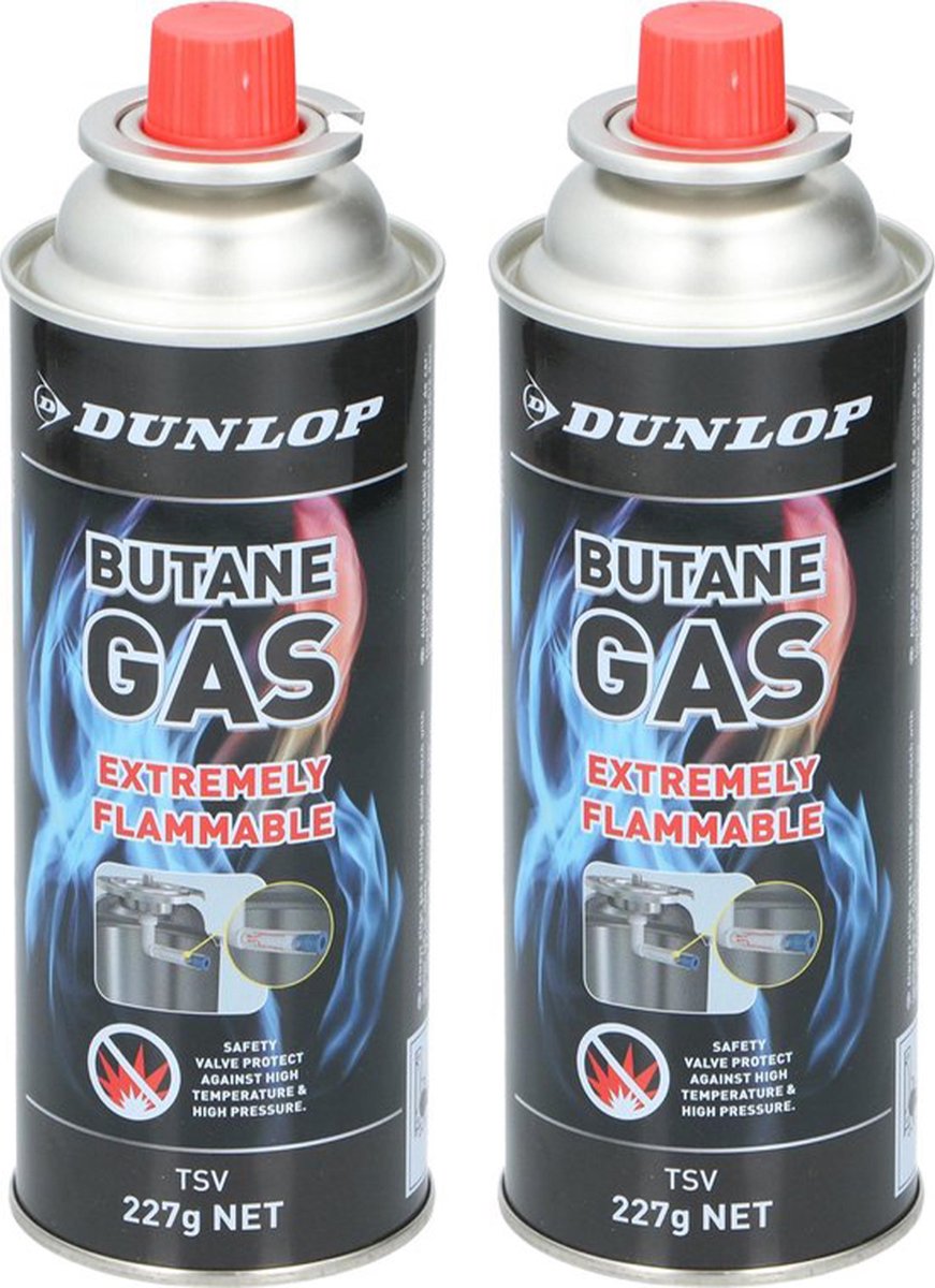 2x Dunlop Butaan gasflessen navulling butaan gas bussen voor kooktoestel 227 gram