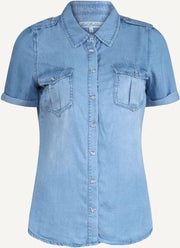 Red Button Dolly blouse tencel denim Blue